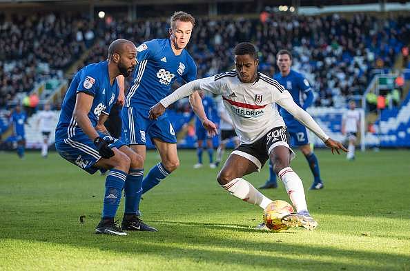 BIRMINGHAM, ENGLAND - FEBRUARY 4: Ryan Sessegnon of Fulham takes on Emilio Nsue (l) and Maikel Kieftenbeld (c) of Birmingham City in action during the Sky Bet Championship match between Birmingham City and Fulham at St Andrews Stadium on February 4, 2017 in Birmingham, England (Photo by Nathan Stirk/Getty Images).